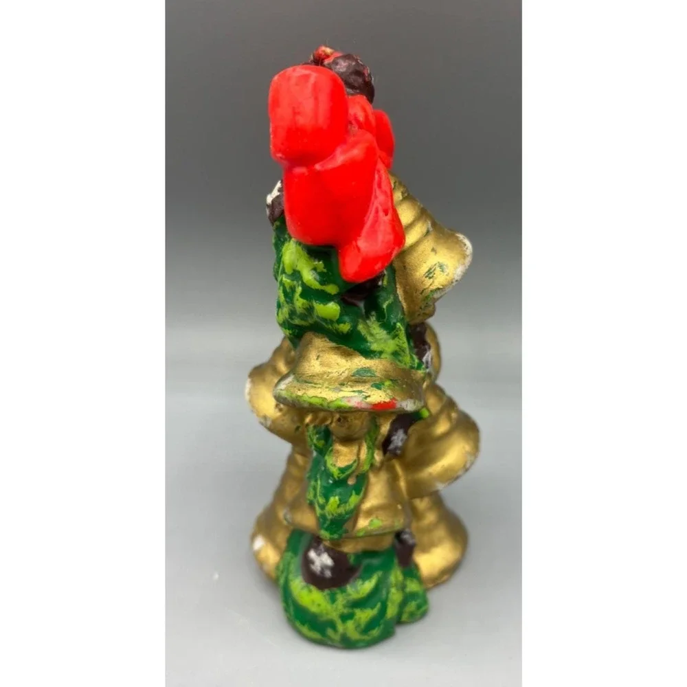 Vtg Christmas Wax Candle Gold Bells with Red Bow‎ & Greenery